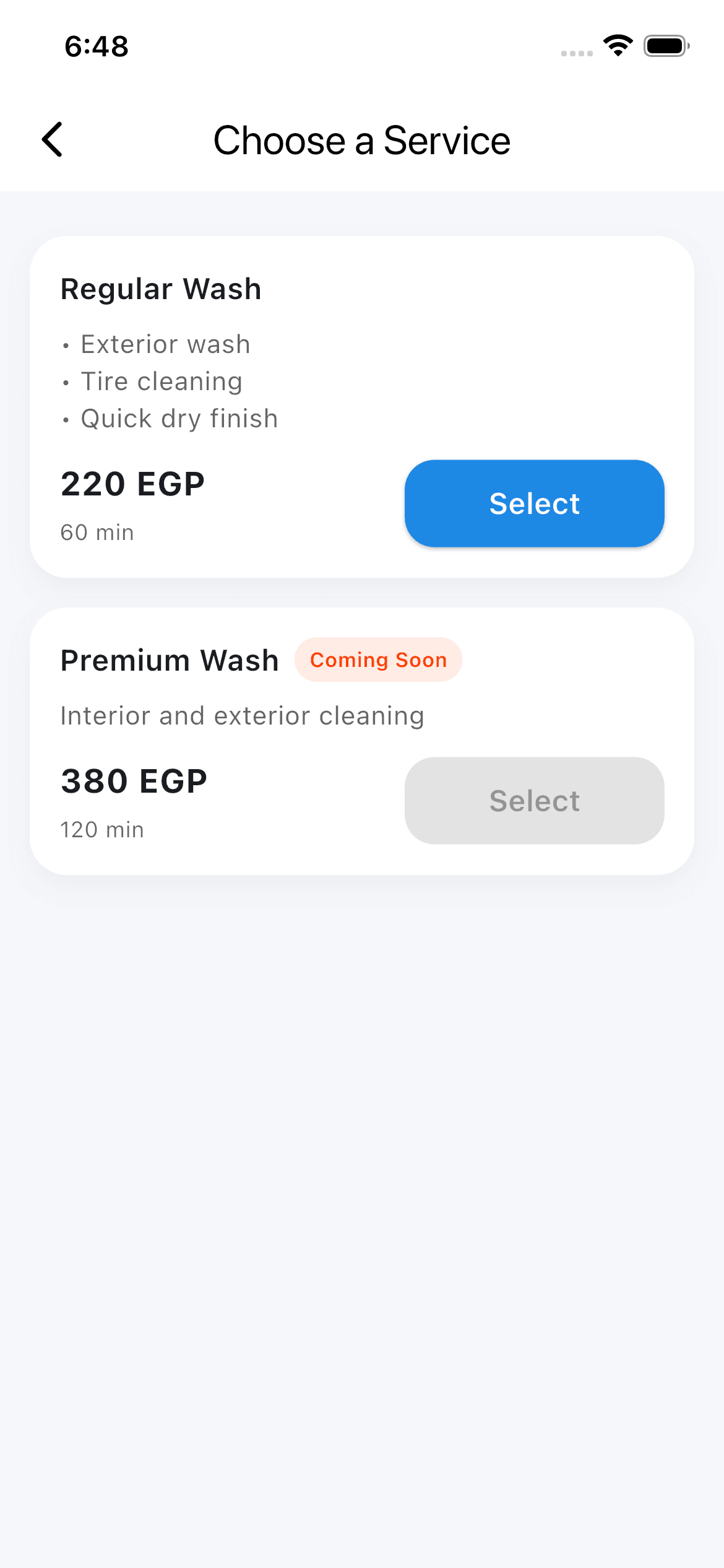 Choose service screen with pricing