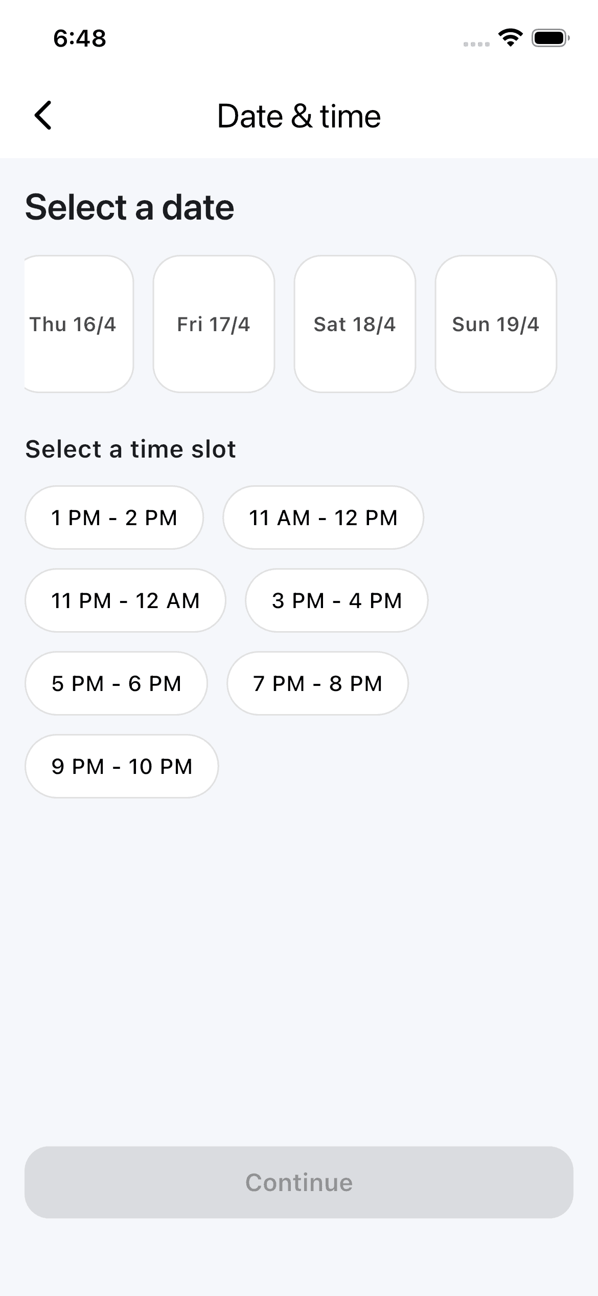 Date and time slot selection screen