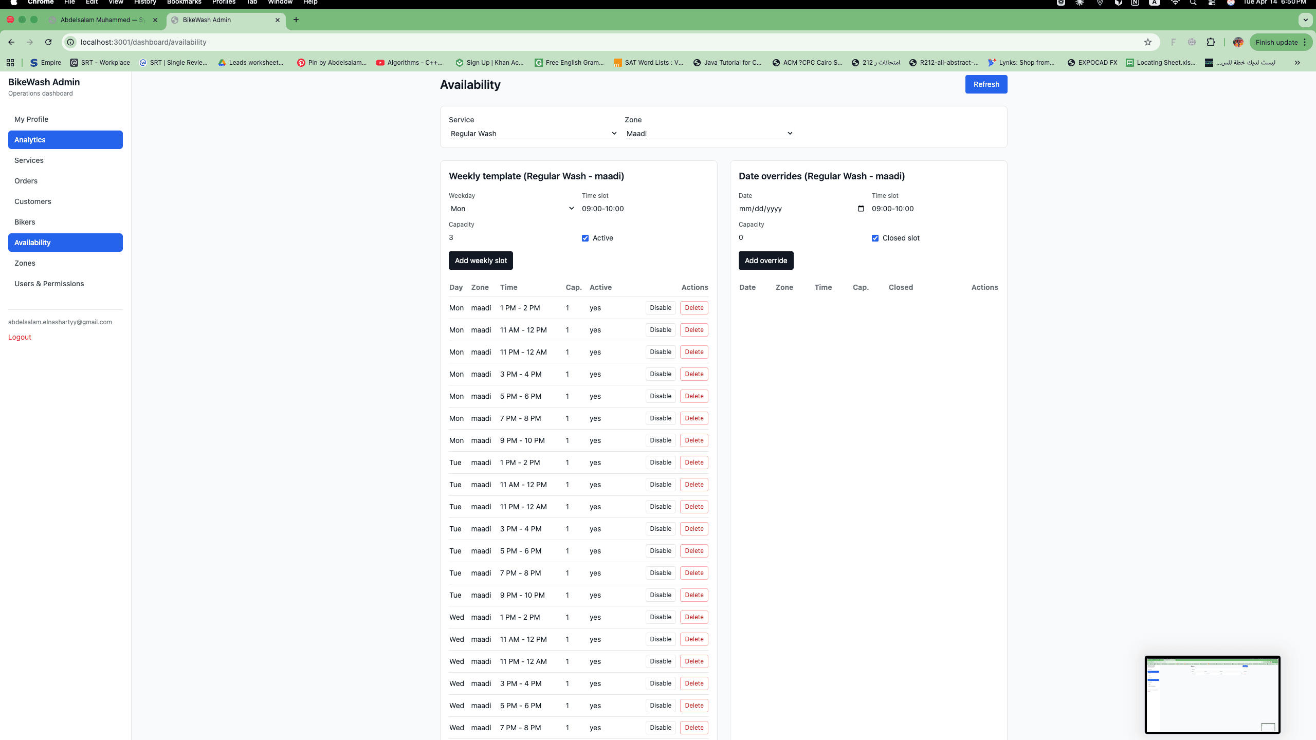 Bookings management dashboard table