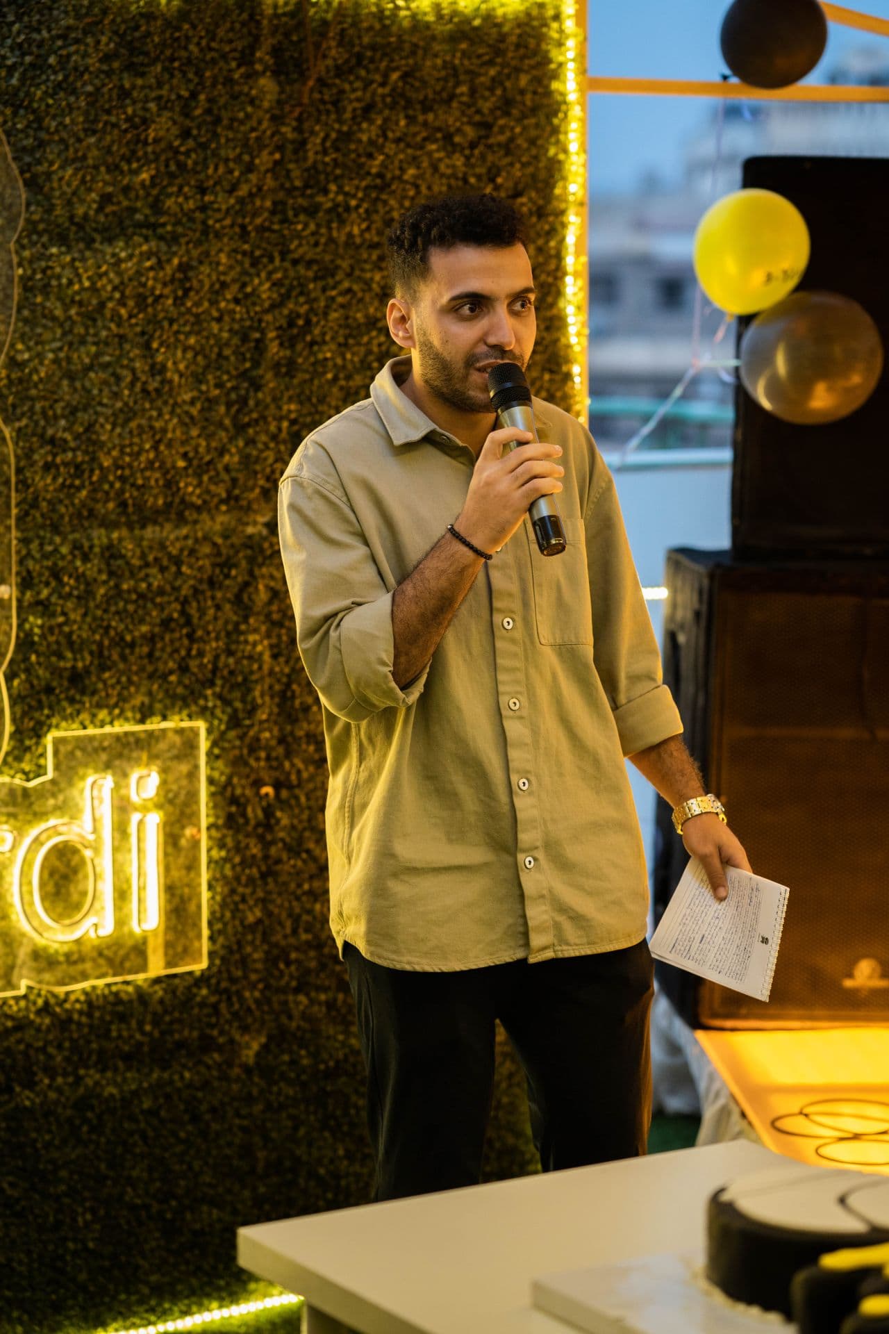 Speaking at an event with a microphone